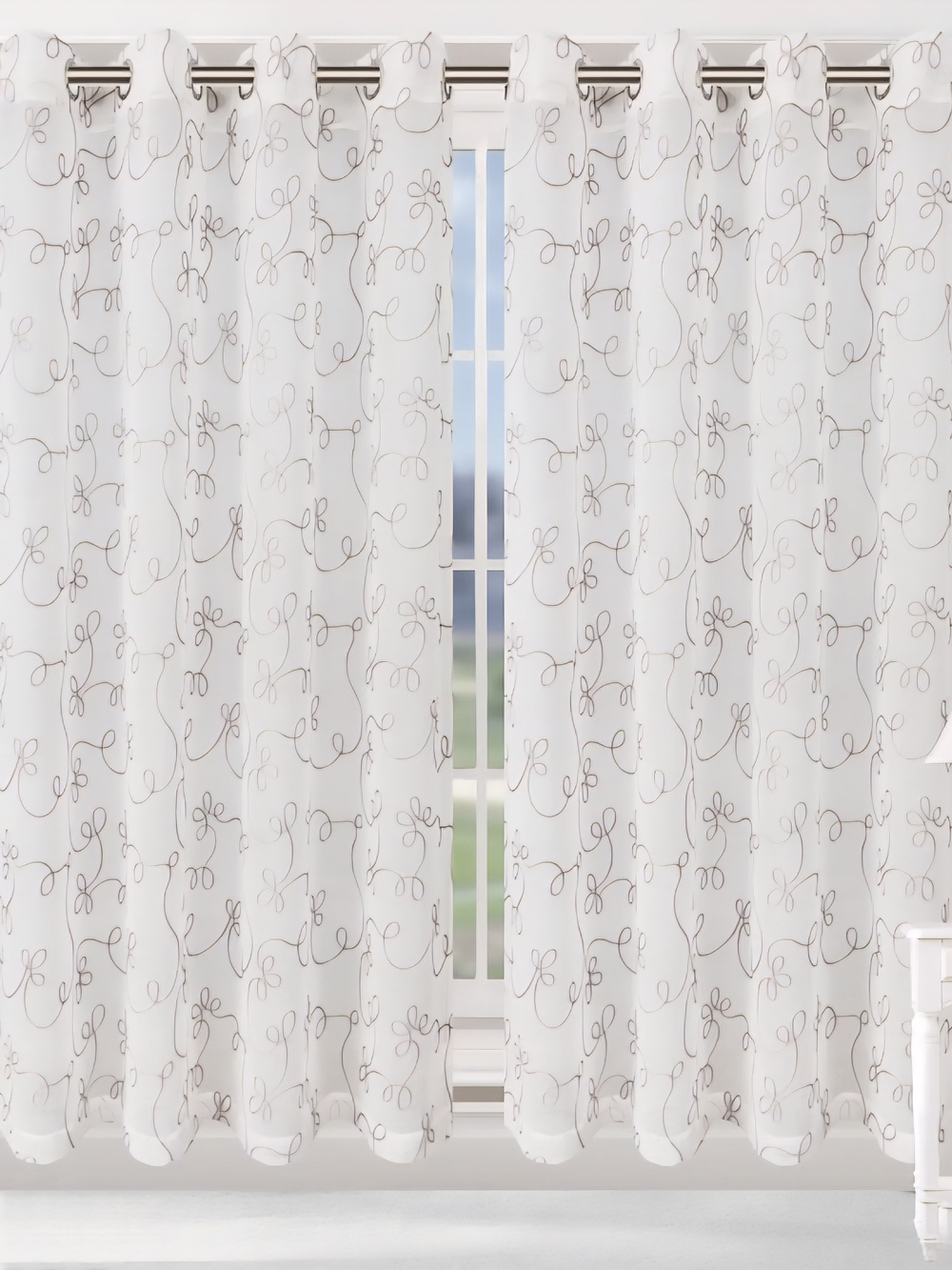 4 panels. Embroidered grommet Top Curtain Panel - Off white with grey design